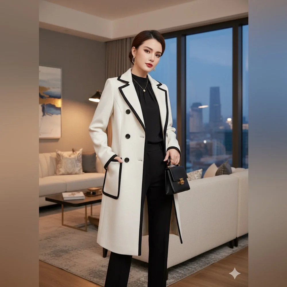 Calvin Klein Women’s Cream Trench Coat with Black Trim – Size 2